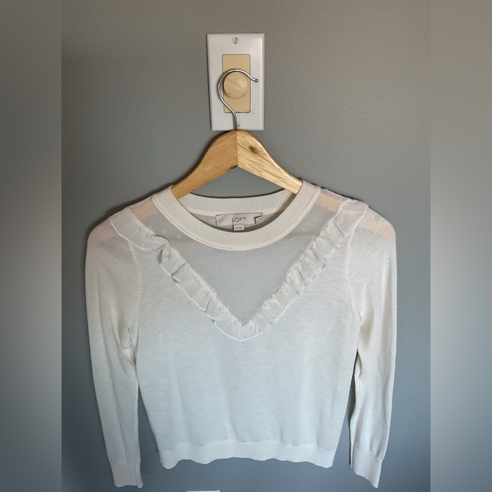 LOFT Cream Sheer Ruffle sweater